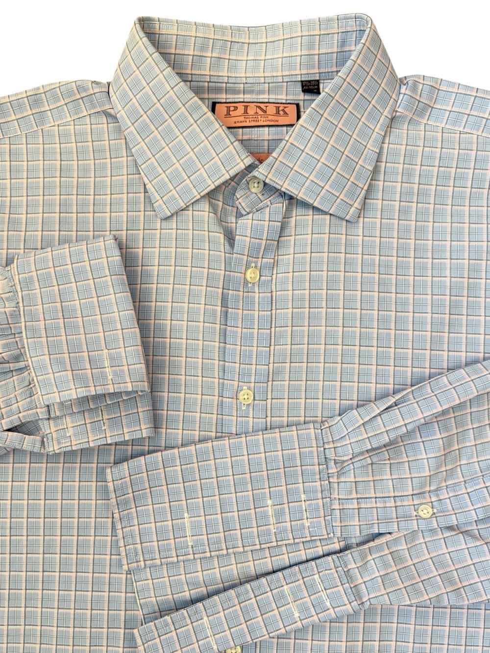 Thomas Pink Classic Fit French Cuff Dress Shirt Blue Pink Windowpane 17.5 35.5